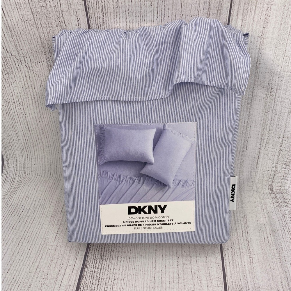 DKNY Sheet Set Full Blue White Pinstripe Ruffled Hem Bedding Chic Preppy Coastal